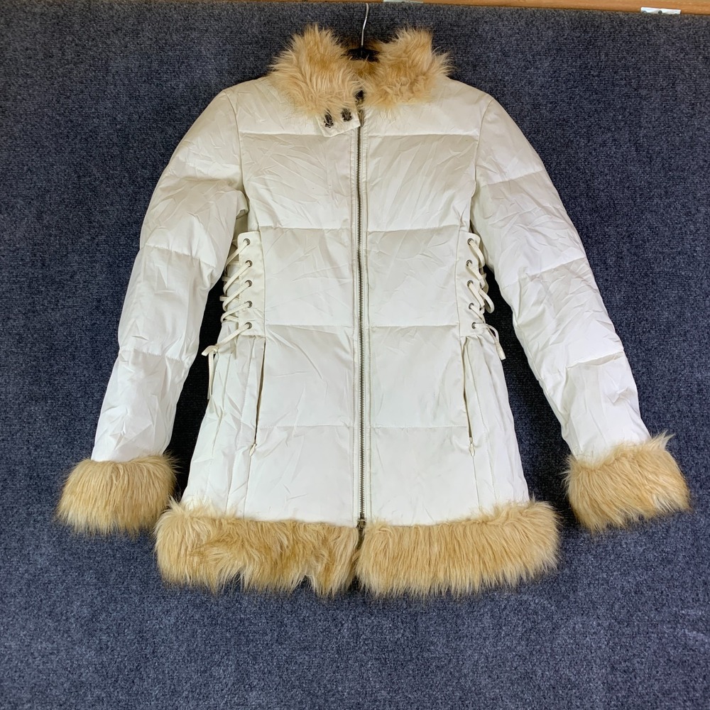 Vintage Express Parka Jacket Women 6 Off White Cotton Lace Up Side Faux Fur Trim